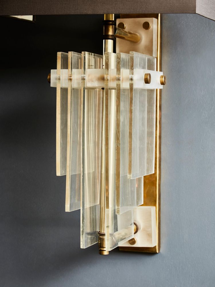 Pair of brass wall sconces with rectangular shade and Plexiglas
