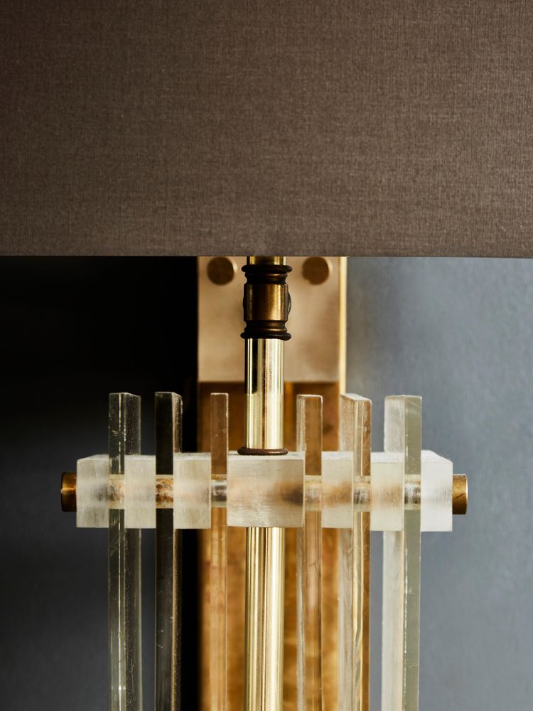 Pair of brass wall sconces with rectangular shade and Plexiglas