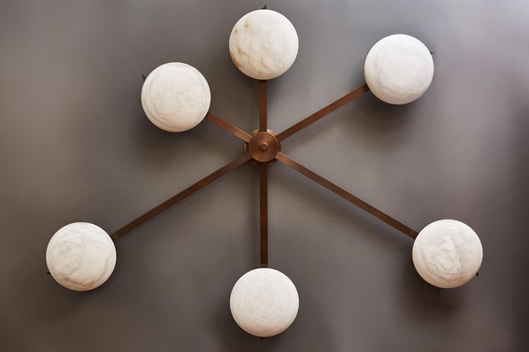 Asymmetrical six-arm wall and ceiling light in brass and alabaster
