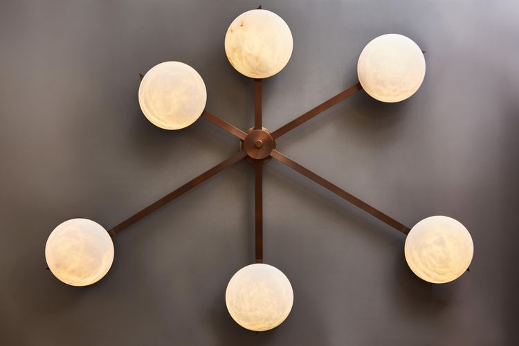 Asymmetrical six-arm wall and ceiling light in brass and alabaster