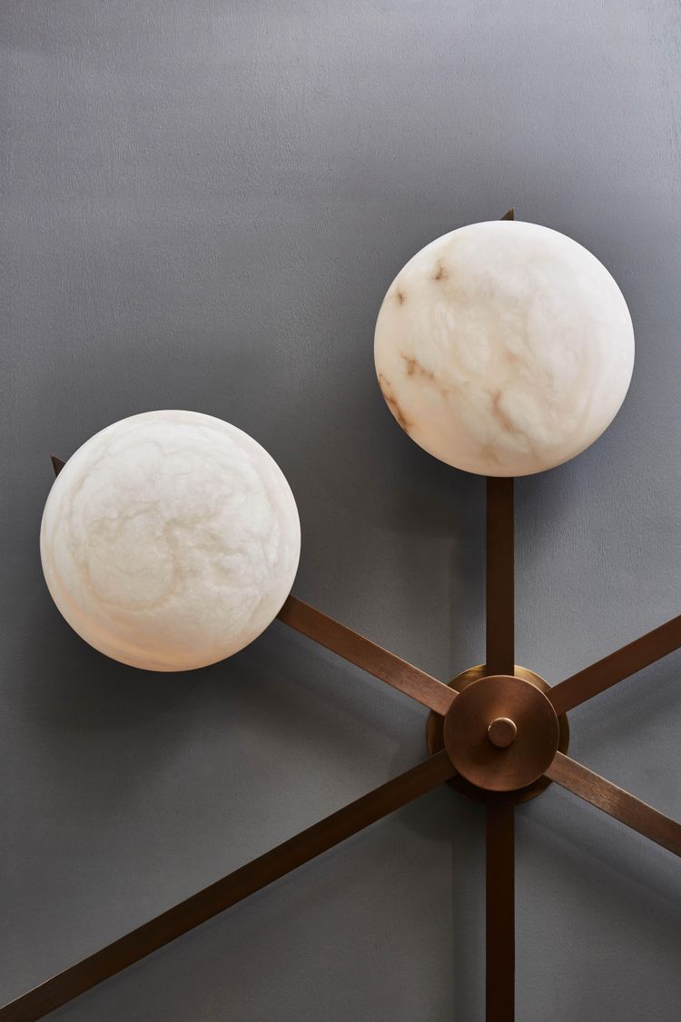 Asymmetrical six-arm wall and ceiling light in brass and alabaster
