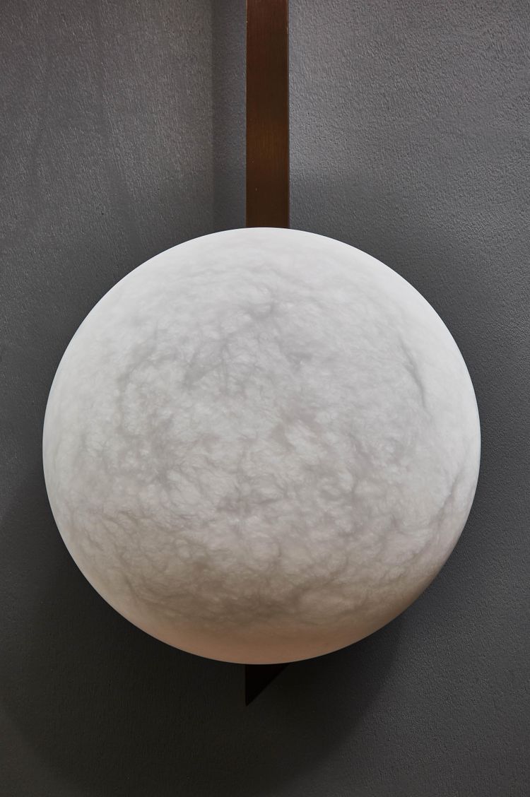 Asymmetrical six-arm wall and ceiling light in brass and alabaster