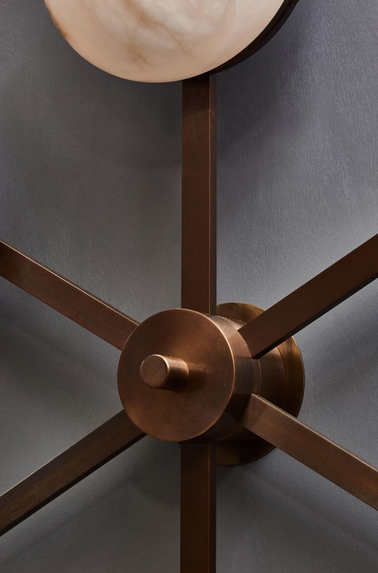 Asymmetrical six-arm wall and ceiling light in brass and alabaster