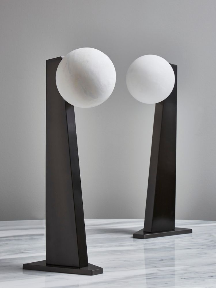 Glustin asymmetrical table lamps in brass with alabaster globe