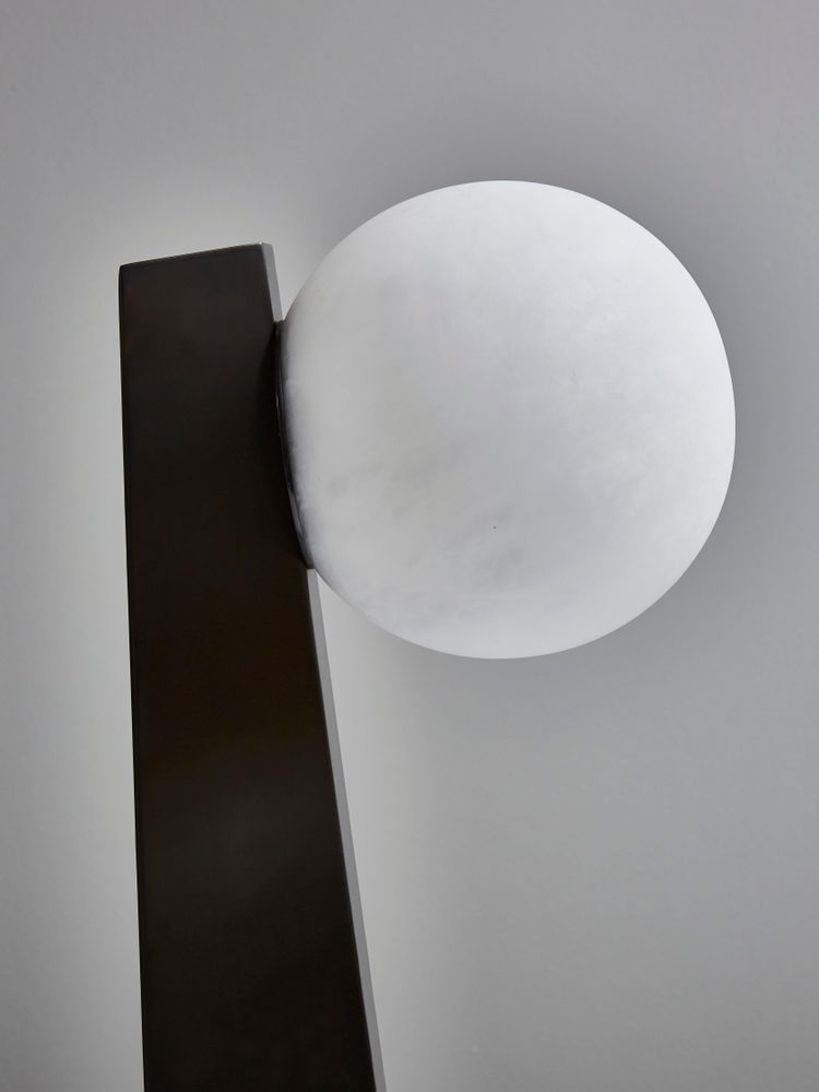 Glustin asymmetrical table lamps in brass with alabaster globe