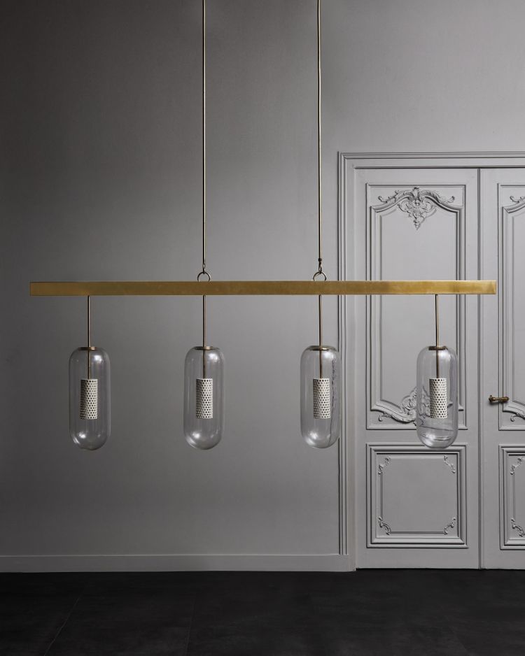 Diego Mardegan long brass and glass chandelier