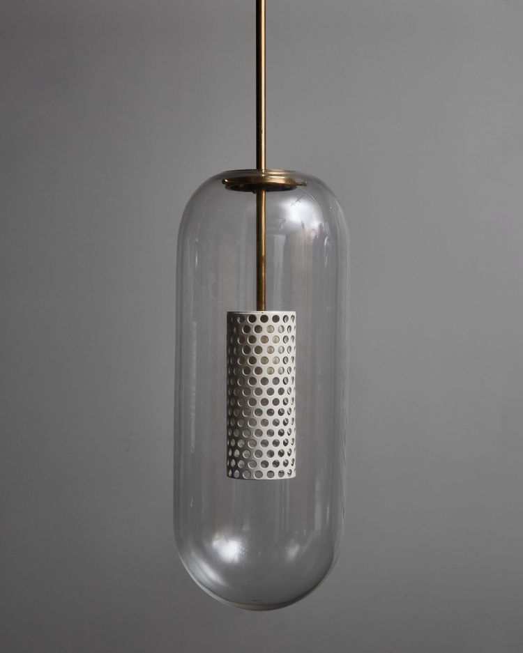 Diego Mardegan long brass and glass chandelier