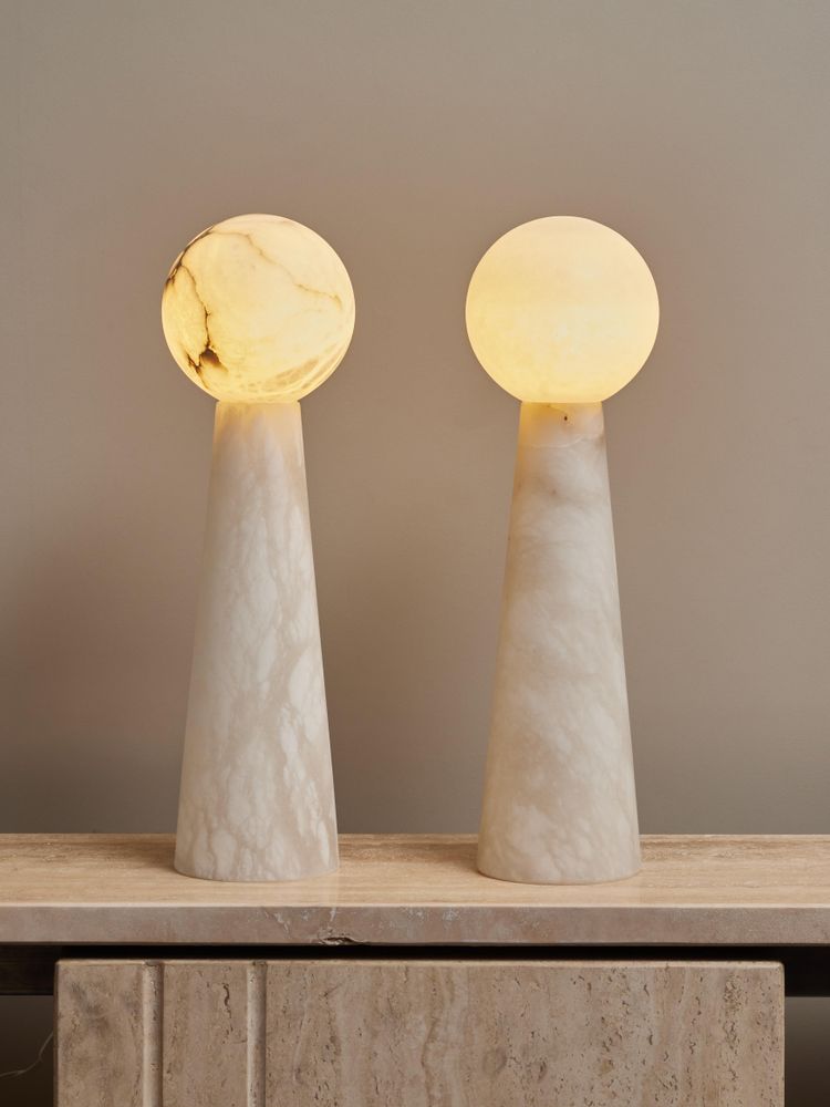 Pair of large alabaster conical table lamps with globes