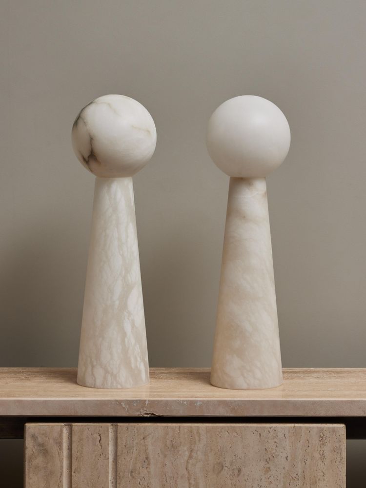 Pair of large alabaster conical table lamps with globes