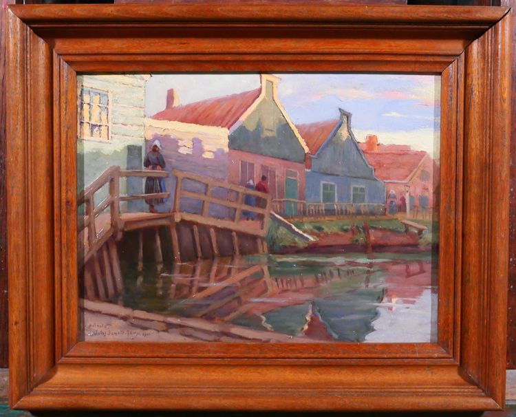Jules Benoit-LEVY 1866-1952 Pays-Bas, paysage aux maisons colorées, Volendam ? tableau 1901