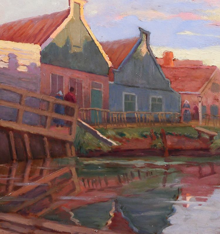 Jules Benoit-LEVY 1866-1952 Pays-Bas, paysage aux maisons colorées, Volendam ? tableau 1901