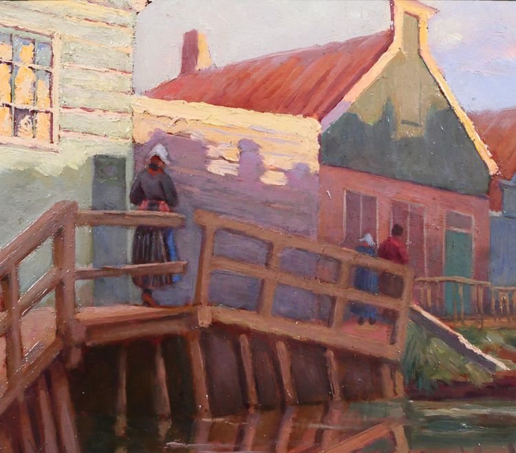 Jules Benoit-LEVY 1866-1952 Pays-Bas, paysage aux maisons colorées, Volendam ? tableau 1901