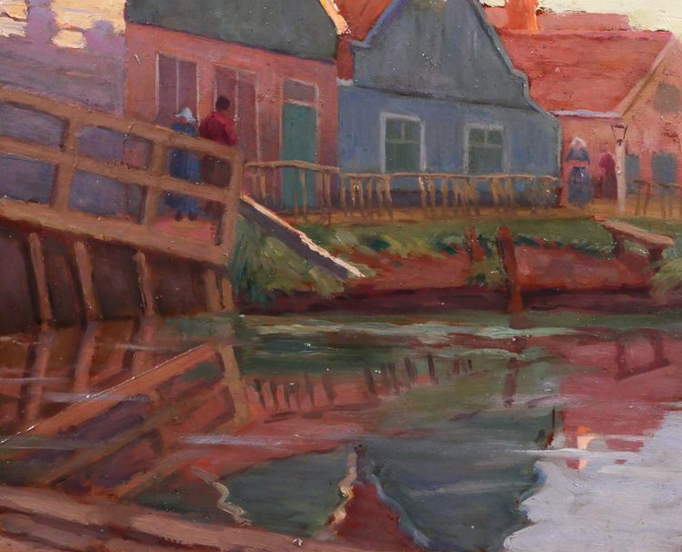 Jules Benoit-LEVY 1866-1952 Pays-Bas, paysage aux maisons colorées, Volendam ? tableau 1901