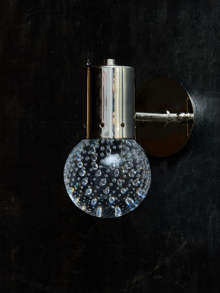 Nickel-plated brass wall sconces with bubbled Murano glass globe