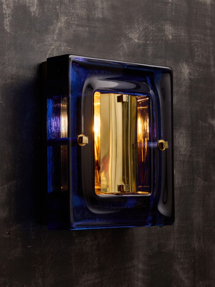 Pair of brass and thick blue Murano glass frames