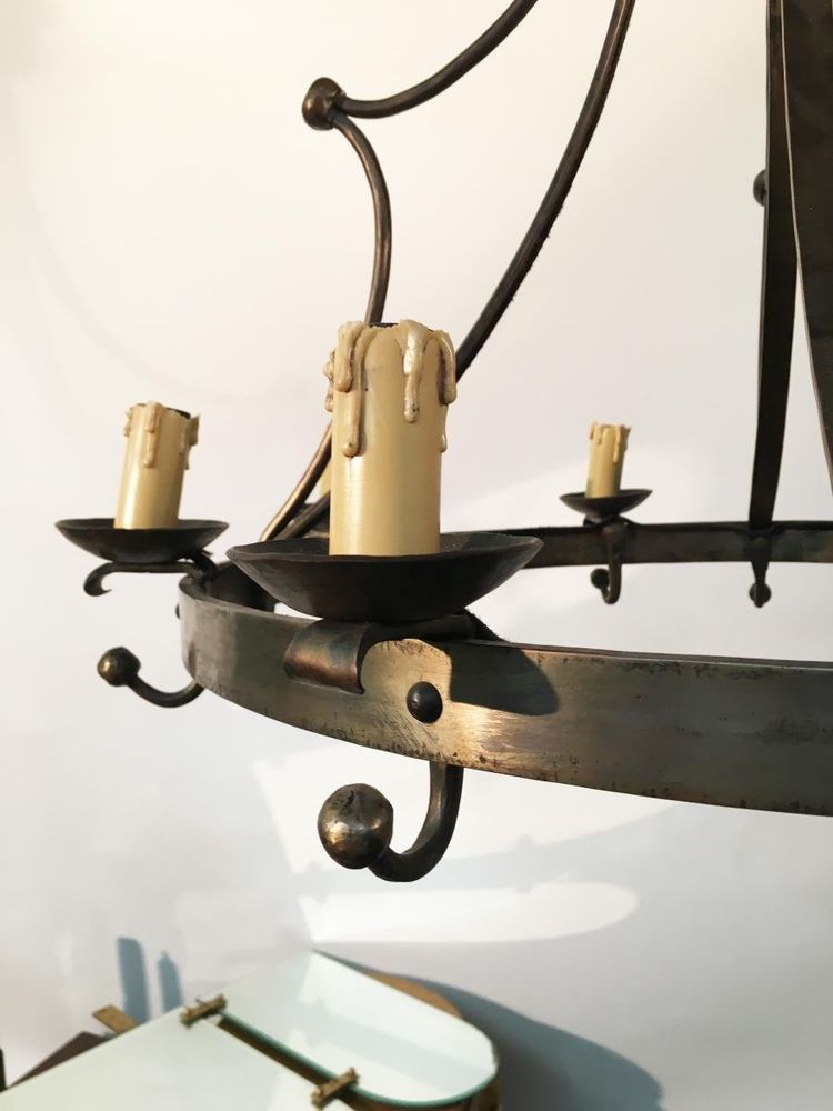 Neo-Classical Chandelier in Steel and Brass, Circa 1950