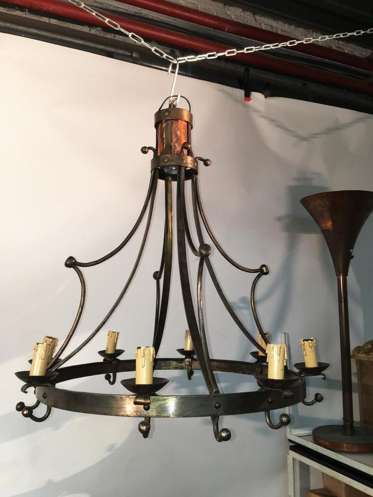 Neo-Classical Chandelier in Steel and Brass, Circa 1950