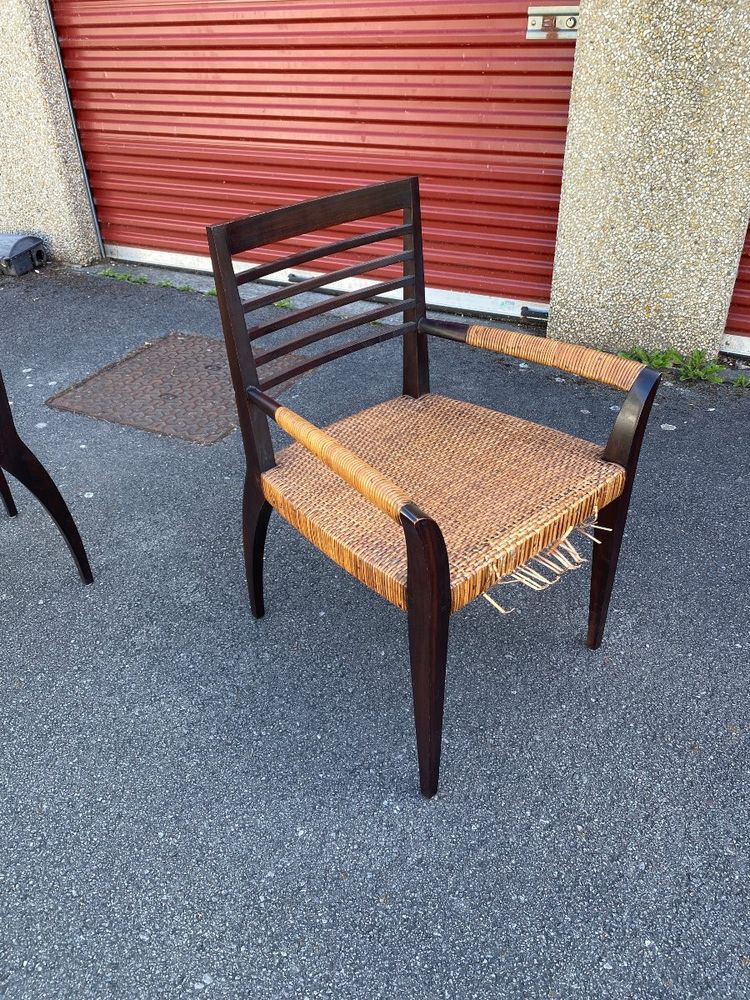 suite de 4 fauteuils vintage en teck et rotin