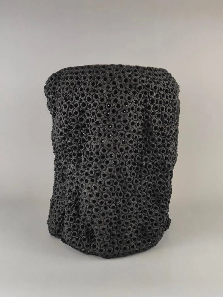 Gilles CAFFIER (1963) ceramic side table, leather top, signed and dated