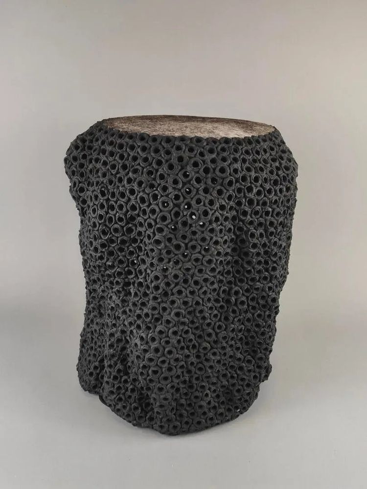 Gilles CAFFIER (1963) ceramic side table, leather top, signed and dated