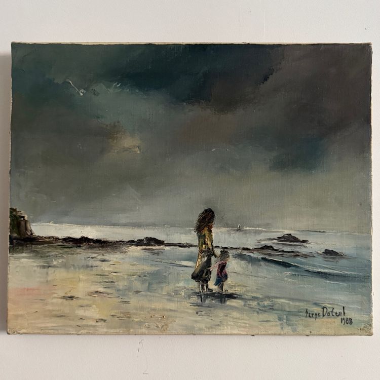 Oil on canvas surrealist landscape by Serge Doceul 1988 Complicité