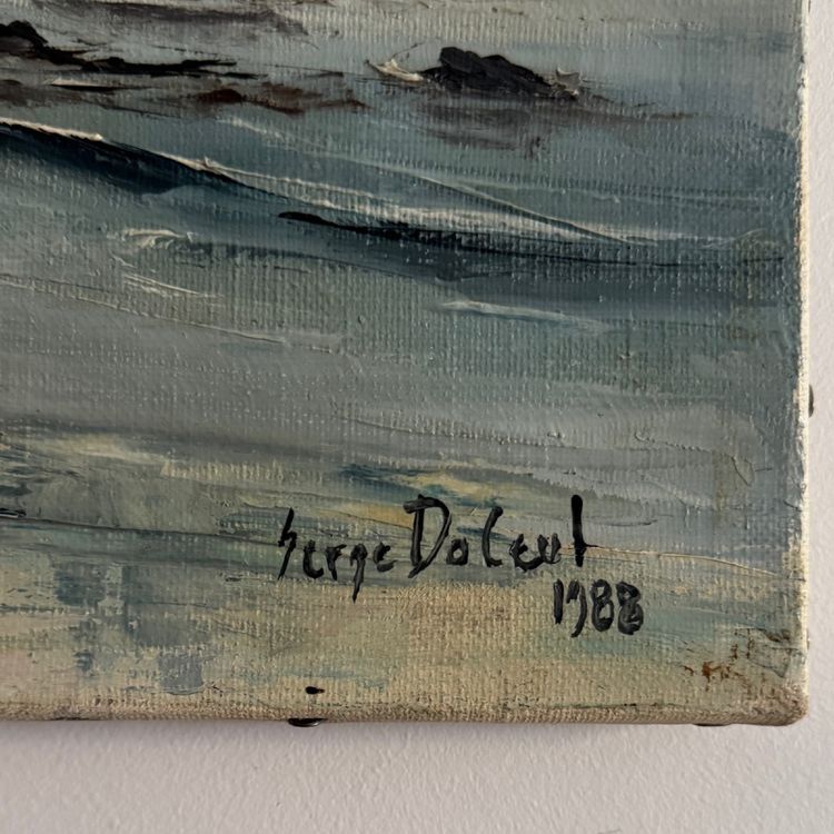 Oil on canvas surrealist landscape by Serge Doceul 1988 Complicité