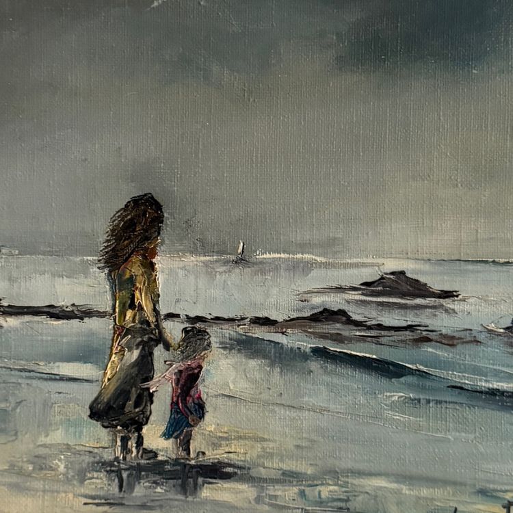 Oil on canvas surrealist landscape by Serge Doceul 1988 Complicité
