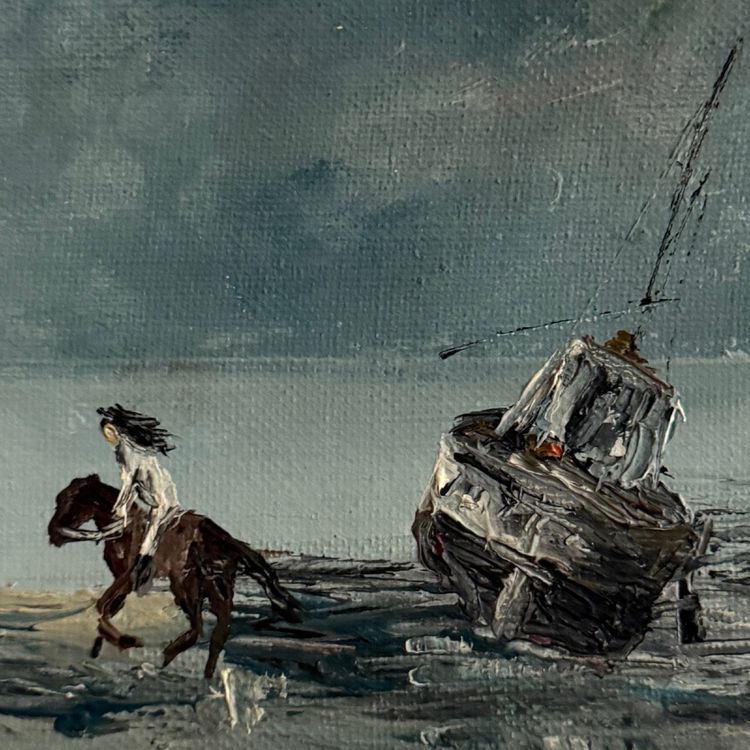 Huile sur toile Les Crinières par Serge Doceul cavalier au bateau 1988