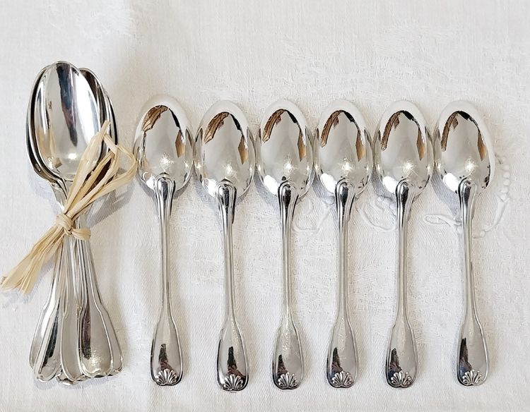 12 silver-plated spoons, Ravinet d'Enfert, "Coquille" model