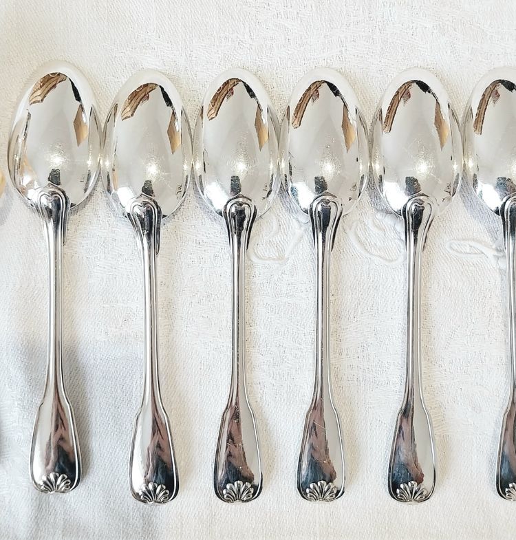 12 silver-plated spoons, Ravinet d'Enfert, "Coquille" model