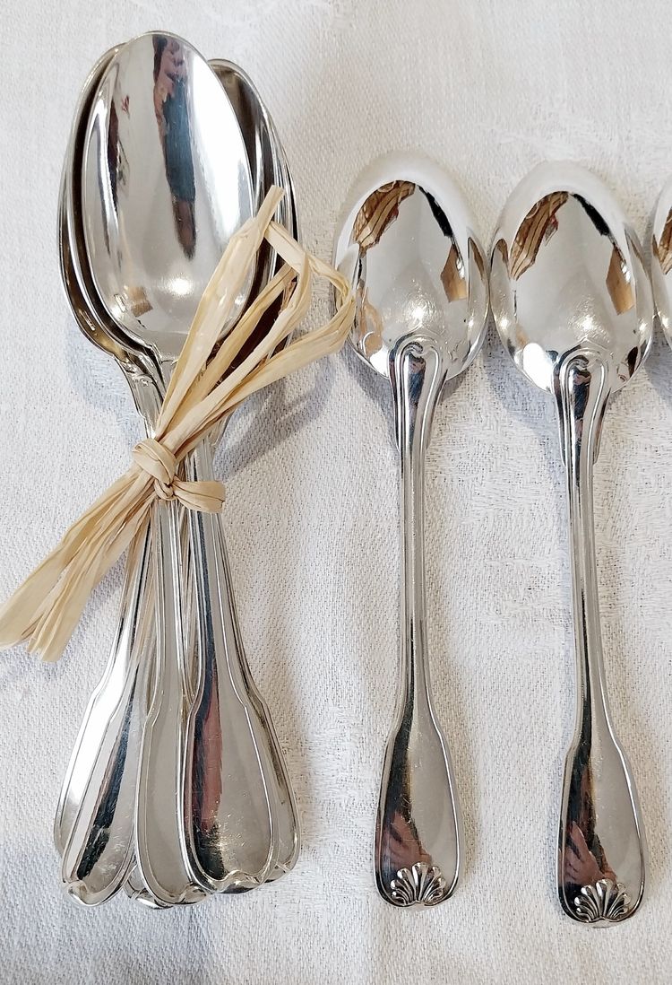 12 silver-plated spoons, Ravinet d'Enfert, "Coquille" model