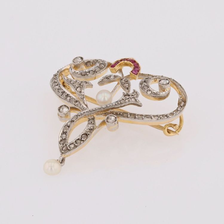 Jugendstil-Brosche/Anhänger mit Diamanten, Perlen und Rubinen