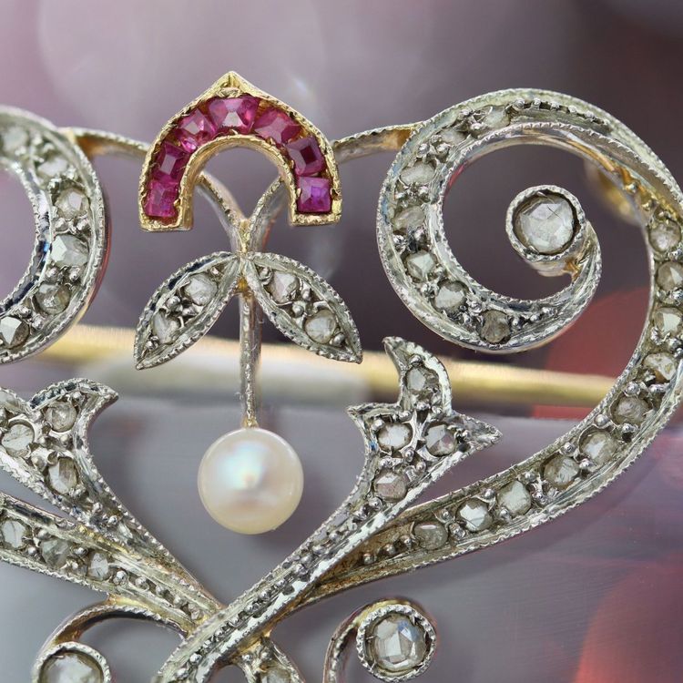 Jugendstil-Brosche/Anhänger mit Diamanten, Perlen und Rubinen