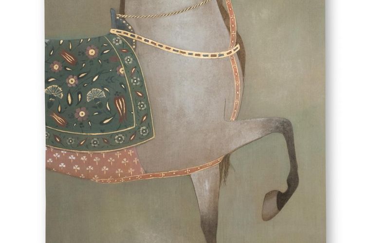 Tela dipinta raffigurante un cavallo indiano di profilo. Opera contemporanea LS65051086