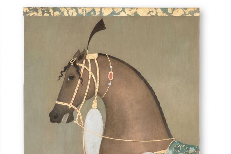 Tela dipinta raffigurante un cavallo indiano di profilo. Opera contemporanea. LS6505B1086