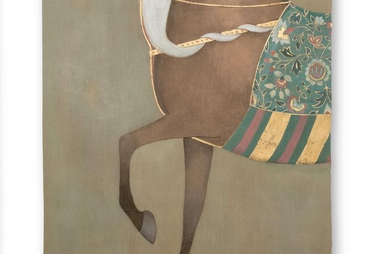 Tela dipinta raffigurante un cavallo indiano di profilo. Opera contemporanea. LS6505B1086