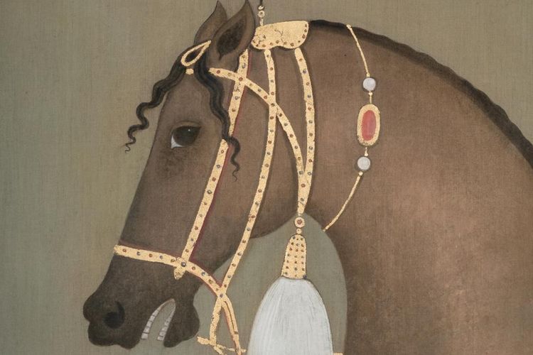 Tela dipinta raffigurante un cavallo indiano di profilo. Opera contemporanea. LS6505B1086