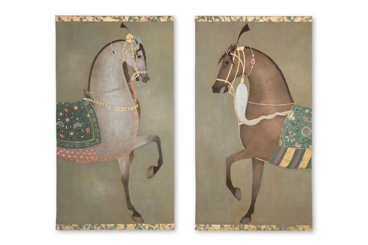 Tela dipinta raffigurante un cavallo indiano di profilo. Opera contemporanea. LS6505B1086