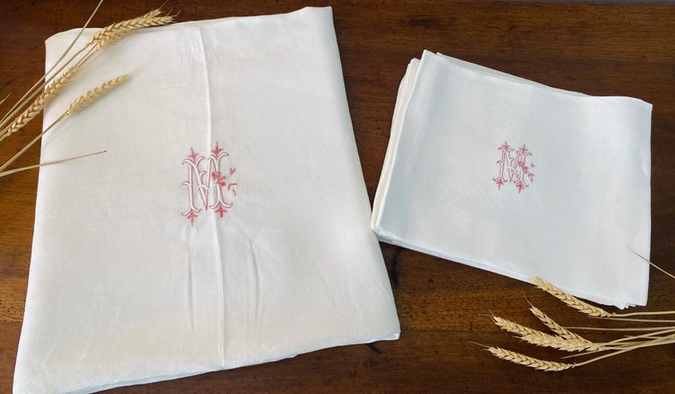 French set of 6 damask linen napkins and tablecloth embroidered with monograms - 1900