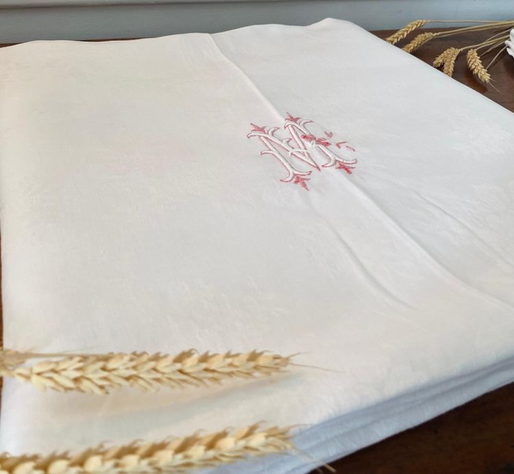 French set of 6 damask linen napkins and tablecloth embroidered with monograms - 1900