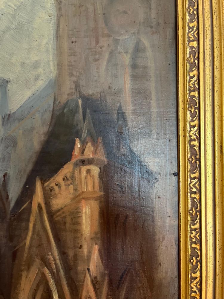 Huile sur panneau - École Troubadour - 19e - Le parvis de l'église - France
