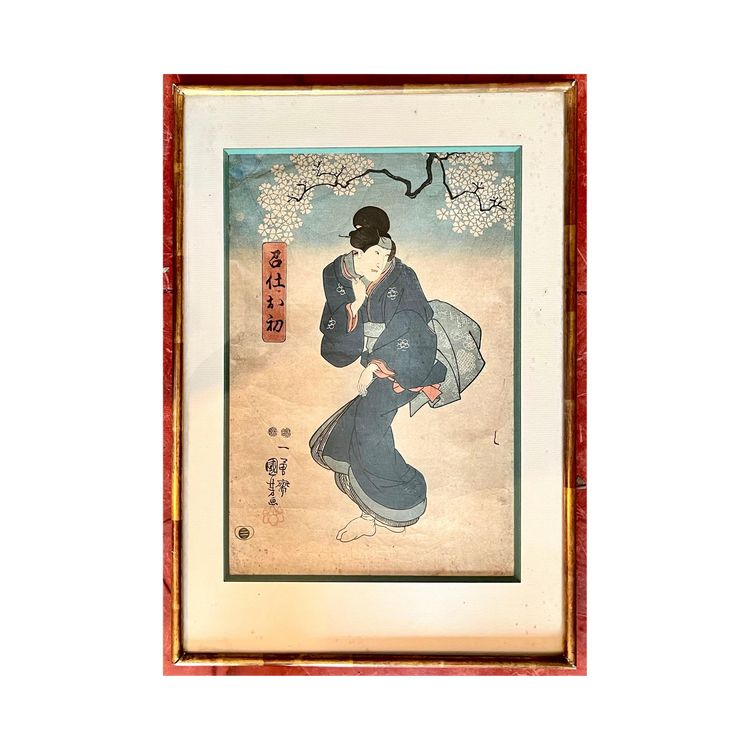 Japanese ukiyo-e woodcut - Woman under cherry blossoms - signed Kunisada