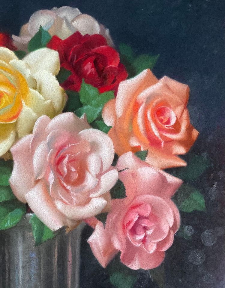   Gaston Albert Lavrillier- Pastel- Still life with bouquet of roses-Circa 1930