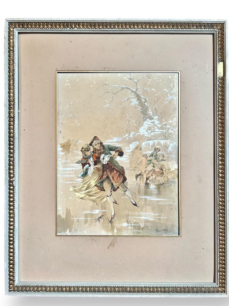 Jean Ulysses-Roy - Scène galante du XVIIIe siècle - Aquarelle sur papier