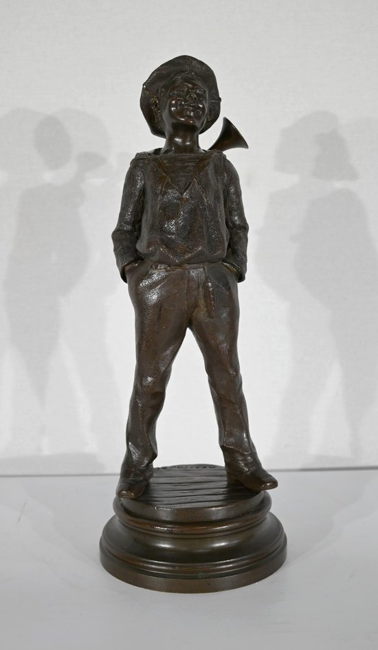 Bronzo "Il bambino con la tromba", di J. Rousseau - Inizio del XX secolo