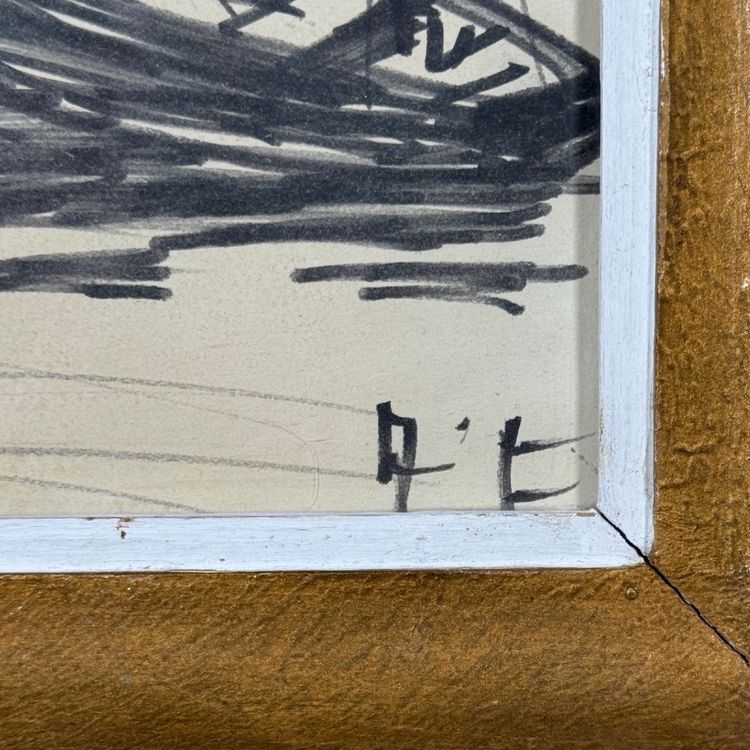 Drawing depicting two boats, mid-20th century, monogram AT