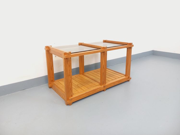 Vintage rectangular coffee table in pine and smoked glass from the 70s and 80s