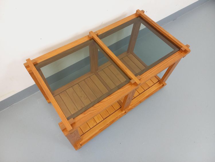 Vintage rectangular coffee table in pine and smoked glass from the 70s and 80s
