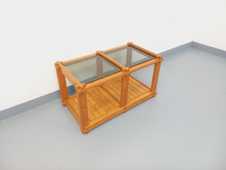 Vintage rectangular coffee table in pine and smoked glass from the 70s and 80s
