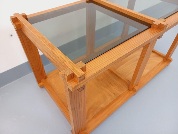 Vintage rectangular coffee table in pine and smoked glass from the 70s and 80s